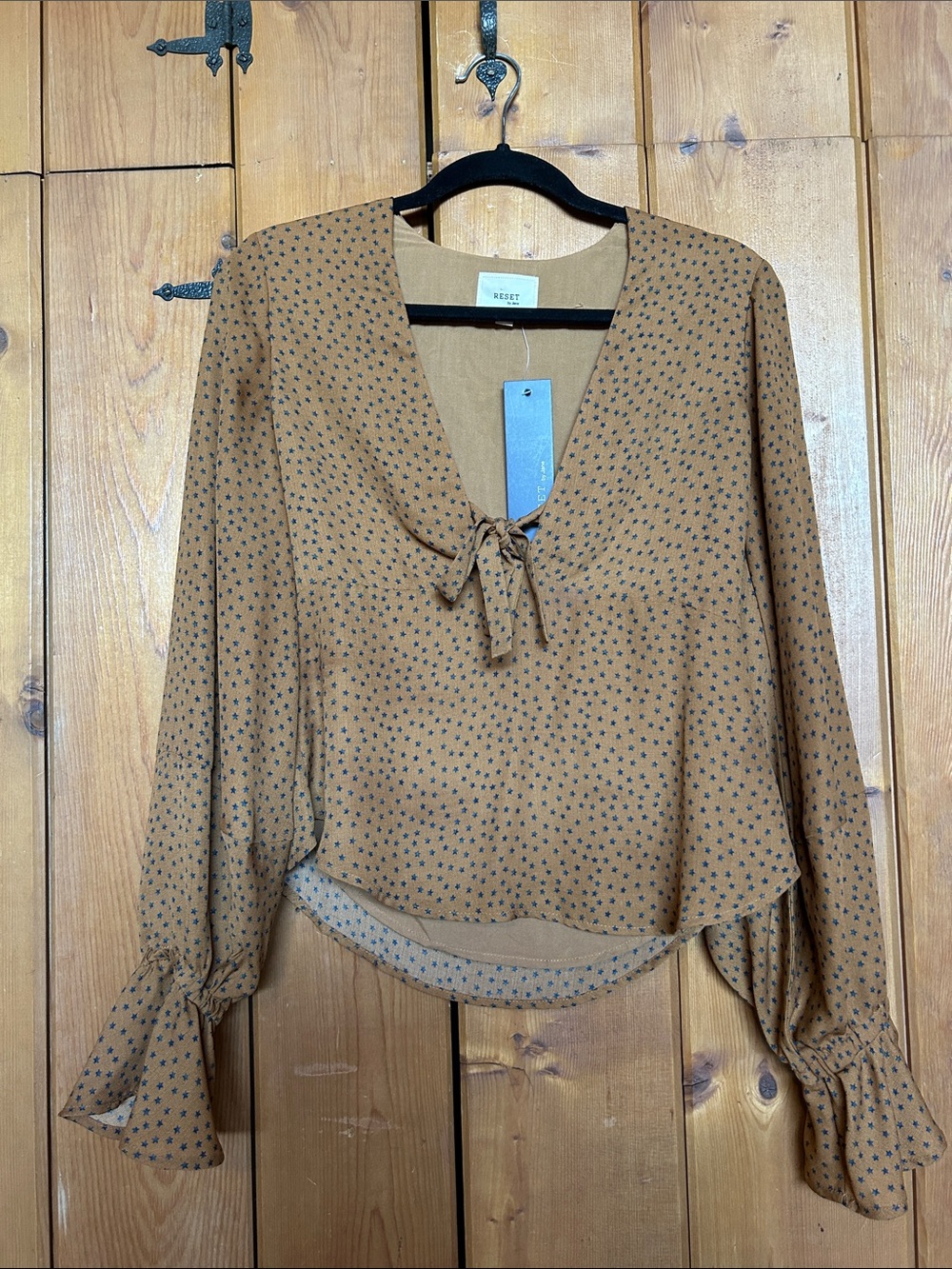 Reset Nutmeg Tie-Neck Long Sleeve Blouse with Blue-Black Stars